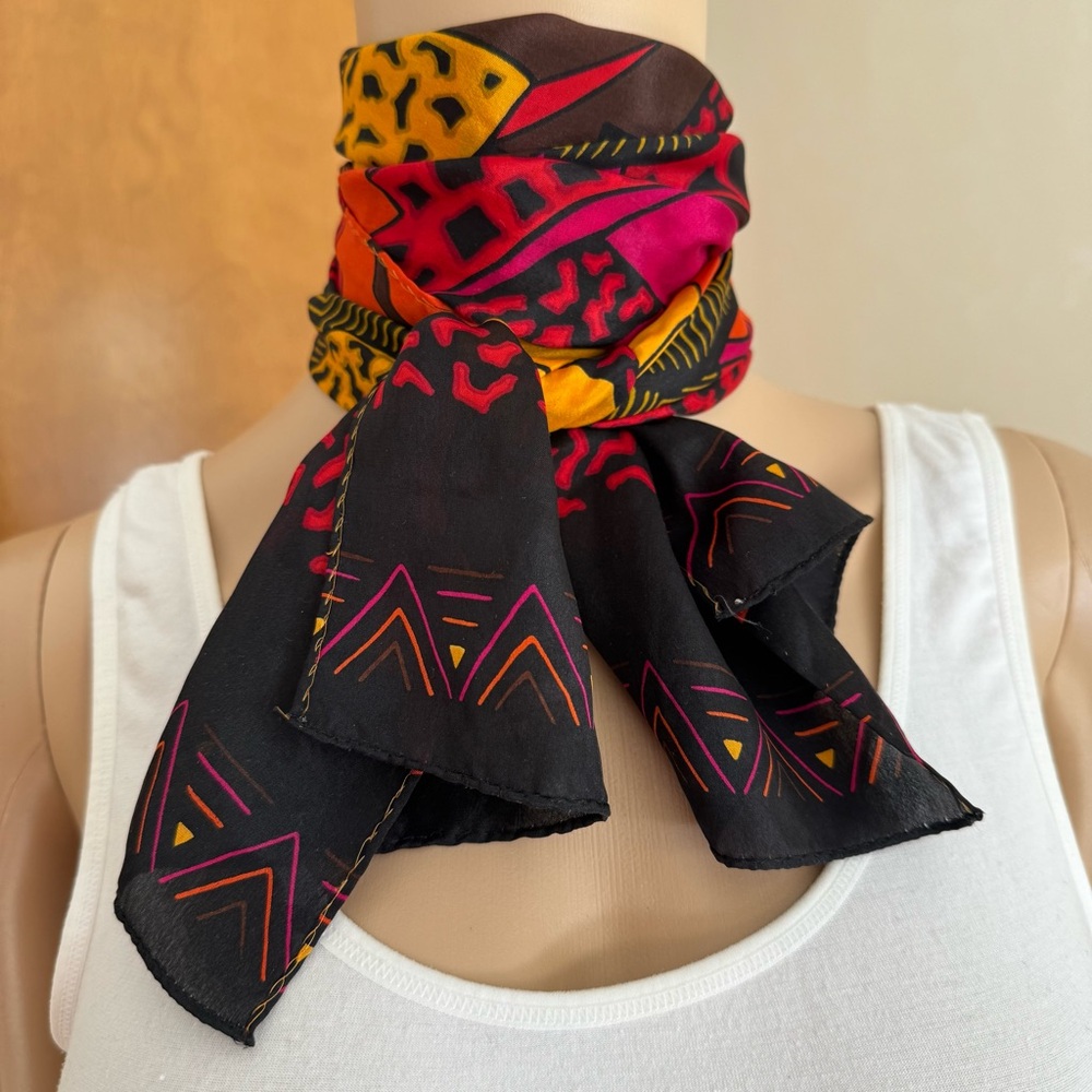 Vintage Tomato Red Black Bright Yellow Silk Oblong Scarf Hawaiian Floral Print - Picture 3 of 9